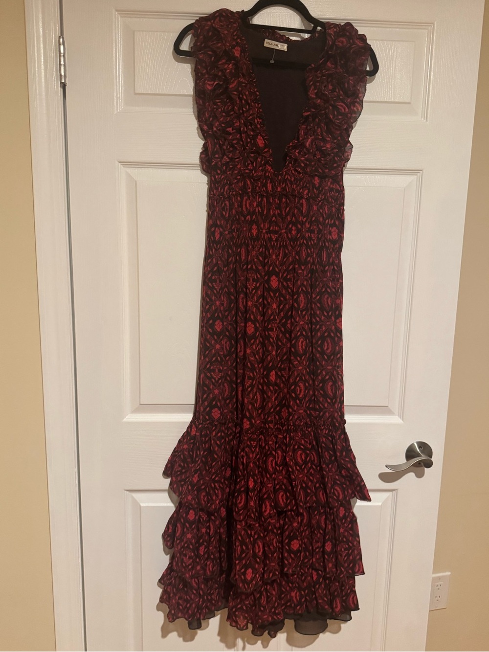 Ulla Johnson Burgundy and Black Ruffled V-Neck Maxi Dress XS